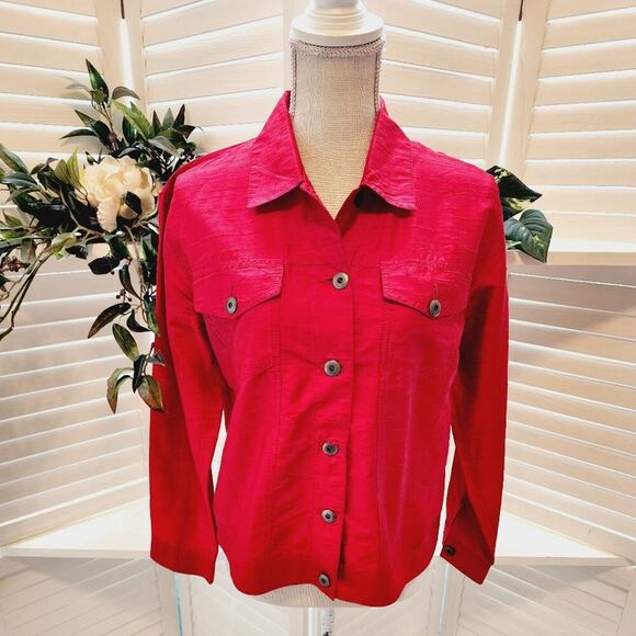 CHICOS RED BUTTON DOWN LIGHT WEIGHT SILK JACKET SIZE 0(SMALL) - Picture 1 of 5